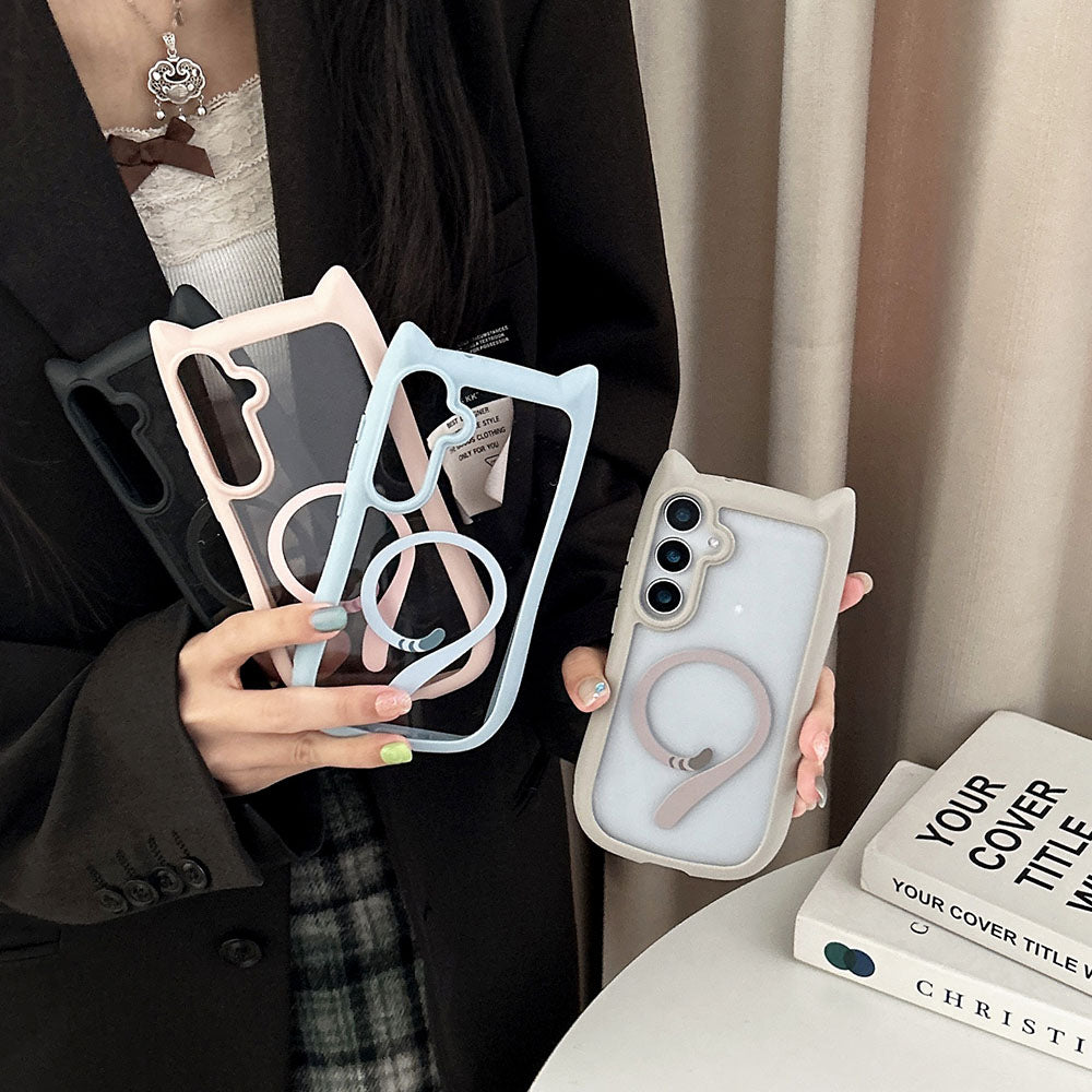 Cute Cat Ears & Tail Magnetic Phone Case For Samsung Galaxy