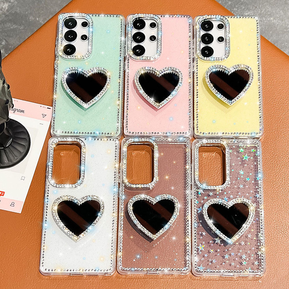 Diamond Mirror Heart Stand Phone Case For Samsung Galaxy