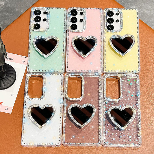 Diamond Mirror Heart Stand Phone Case For Samsung Galaxy