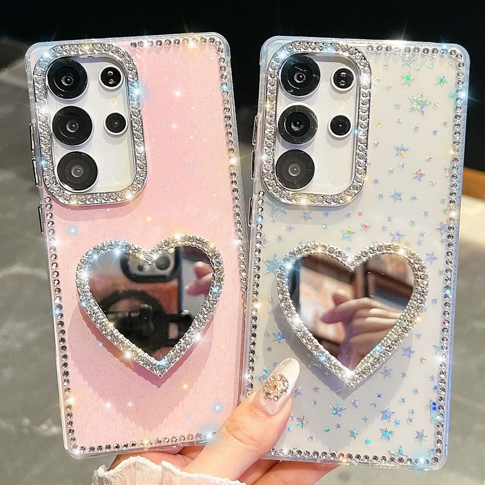 Diamond Mirror Heart Stand Phone Case For Samsung Galaxy