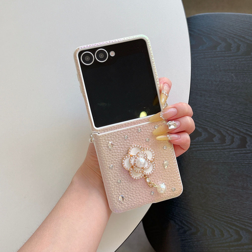 Luxury Leather Diamond Pearl Camellia Phone Case For Samsung Galaxy Z Flip 7/6/5/4/3