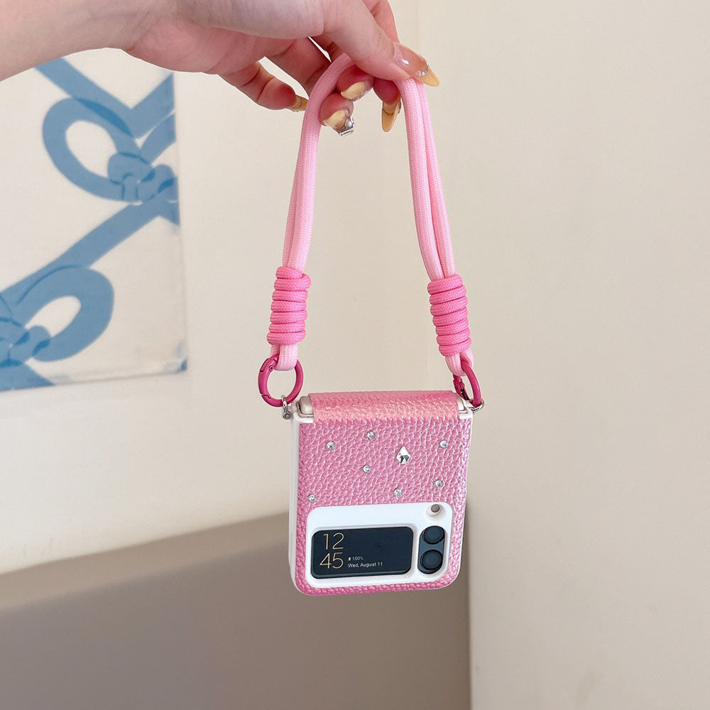 Luxury Leather Diamond Pearl Camellia Phone Case For Samsung Galaxy Z Flip 7/6/5/4/3