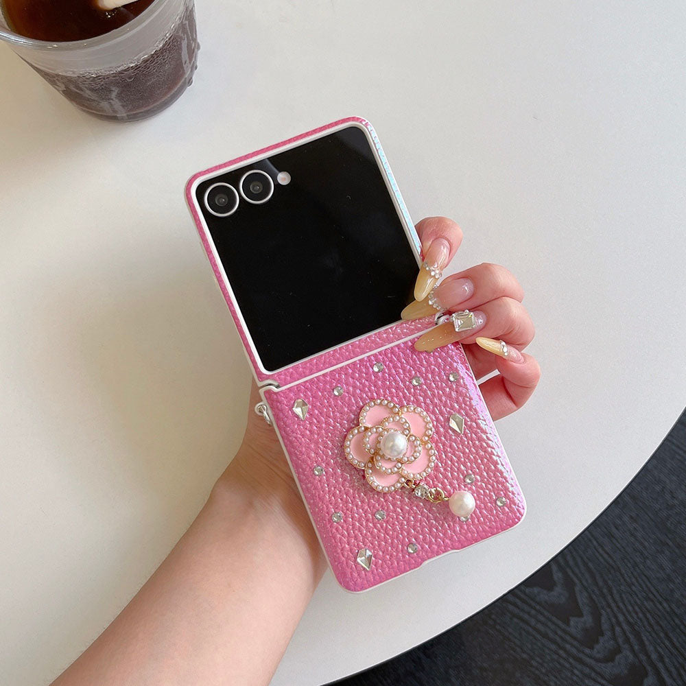 Luxury Leather Diamond Pearl Camellia Phone Case For Samsung Galaxy Z Flip 7/6/5/4/3