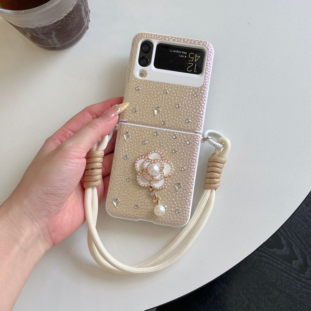 Luxury Leather Diamond Pearl Camellia Phone Case For Samsung Galaxy Z Flip 7/6/5/4/3