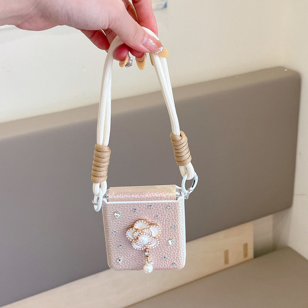 Luxury Leather Diamond Pearl Camellia Phone Case For Samsung Galaxy Z Flip 7/6/5/4/3