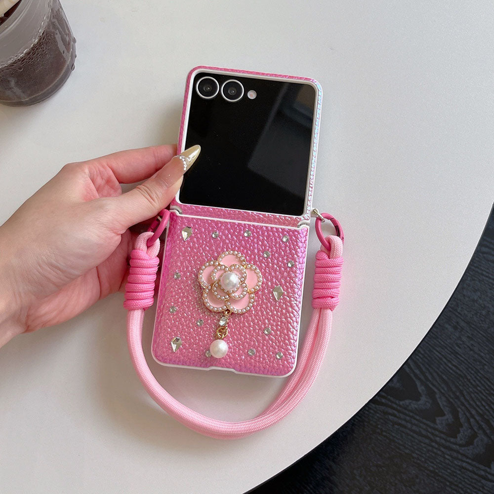 Luxury Leather Diamond Pearl Camellia Phone Case For Samsung Galaxy Z Flip 7/6/5/4/3