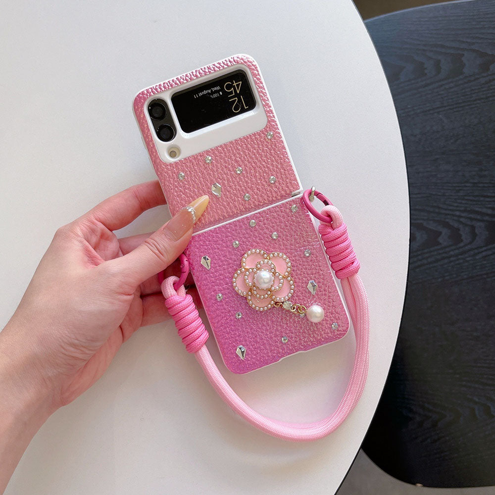 Luxury Leather Diamond Pearl Camellia Phone Case For Samsung Galaxy Z Flip 7/6/5/4/3
