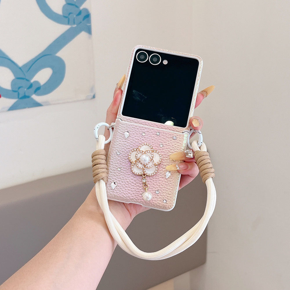 Luxury Leather Diamond Pearl Camellia Phone Case For Samsung Galaxy Z Flip 7/6/5/4/3