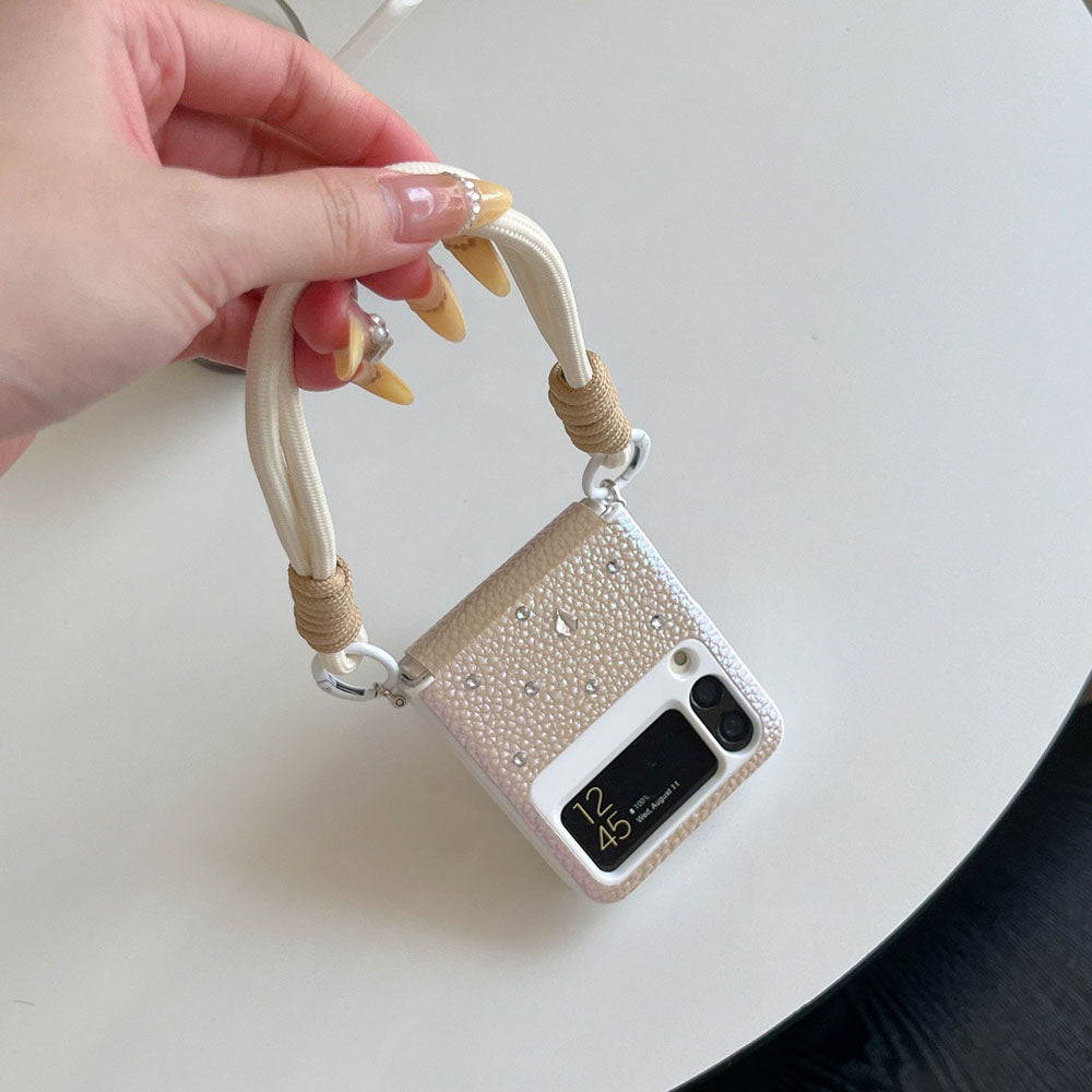 Luxury Leather Diamond Pearl Camellia Phone Case For Samsung Galaxy Z Flip 7/6/5/4/3