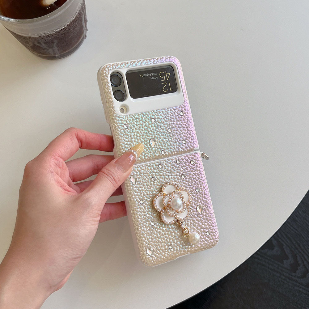 Luxury Leather Diamond Pearl Camellia Phone Case For Samsung Galaxy Z Flip 7/6/5/4/3