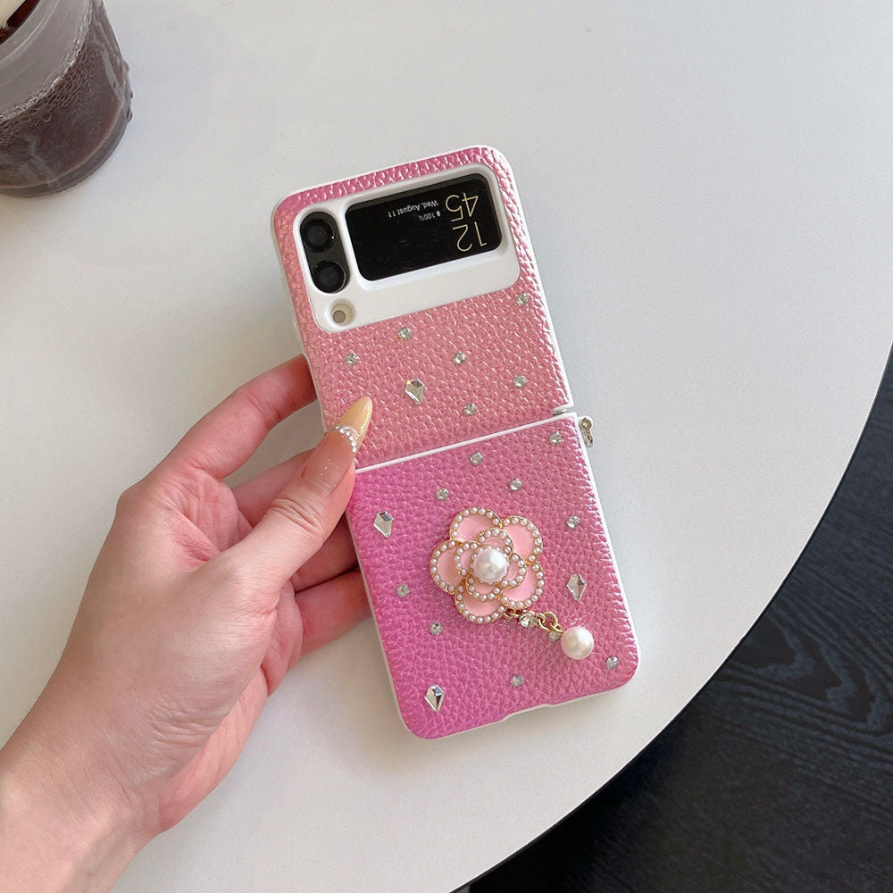 Luxury Leather Diamond Pearl Camellia Phone Case For Samsung Galaxy Z Flip 7/6/5/4/3