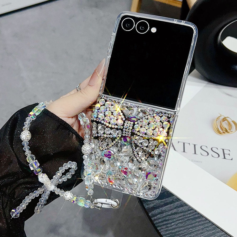 Luxury Rhinestone Butterfly Crystal Lanyard Phone Case For Samsung Galaxy Z Flip 7/6/5/4/3