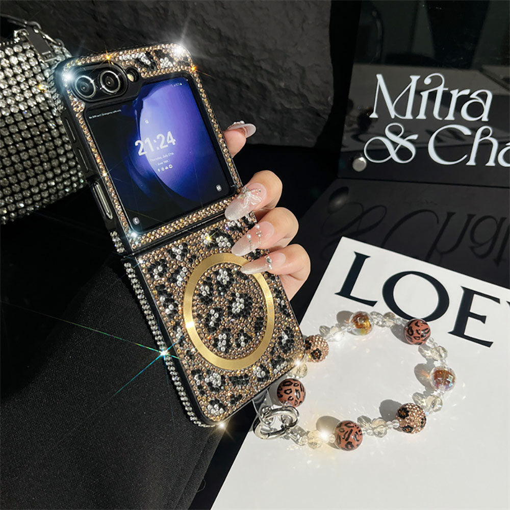 Luxury Diamond Leopard Print Magnetic Phone Case For Samsung Galaxy Z Flip 6/5/4/3