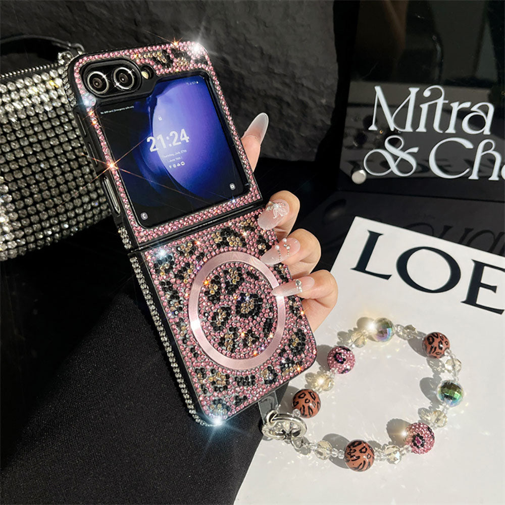 Luxury Diamond Leopard Print Magnetic Phone Case For Samsung Galaxy Z Flip 6/5/4/3