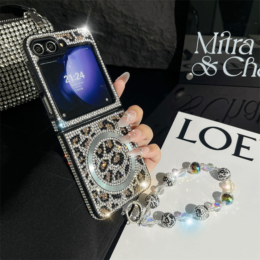 Luxury Diamond Leopard Print Magnetic Phone Case For Samsung Galaxy Z Flip 6/5/4/3