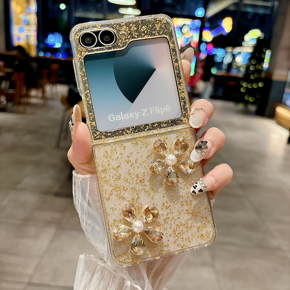 Glitter Gold Foil Diamond Flower Phone Case For Samsung Galaxy Z Flip 7/6/5