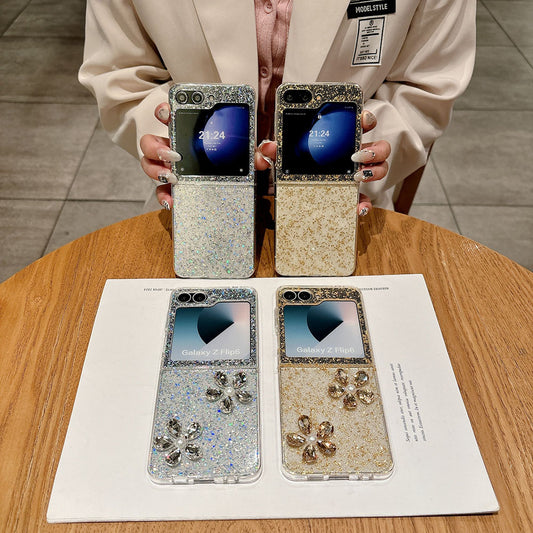 Glitter Gold Foil Diamond Flower Phone Case For Samsung Galaxy Z Flip 7/6/5