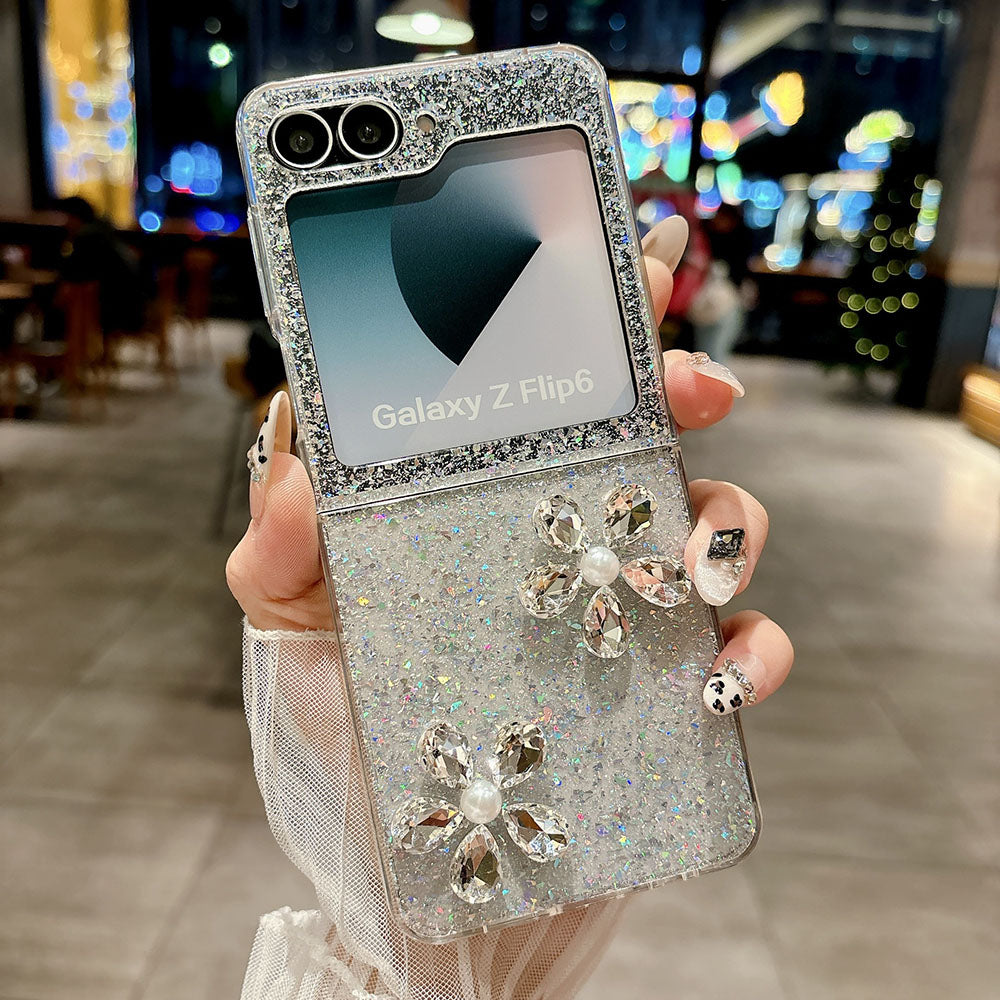 Glitter Gold Foil Diamond Flower Phone Case For Samsung Galaxy Z Flip 7/6/5