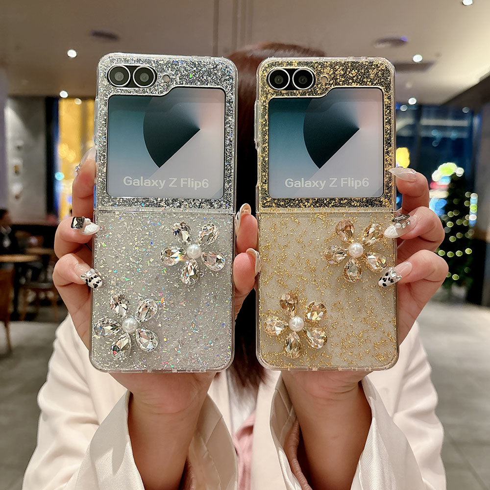Glitter Gold Foil Diamond Flower Phone Case For Samsung Galaxy Z Flip 7/6/5