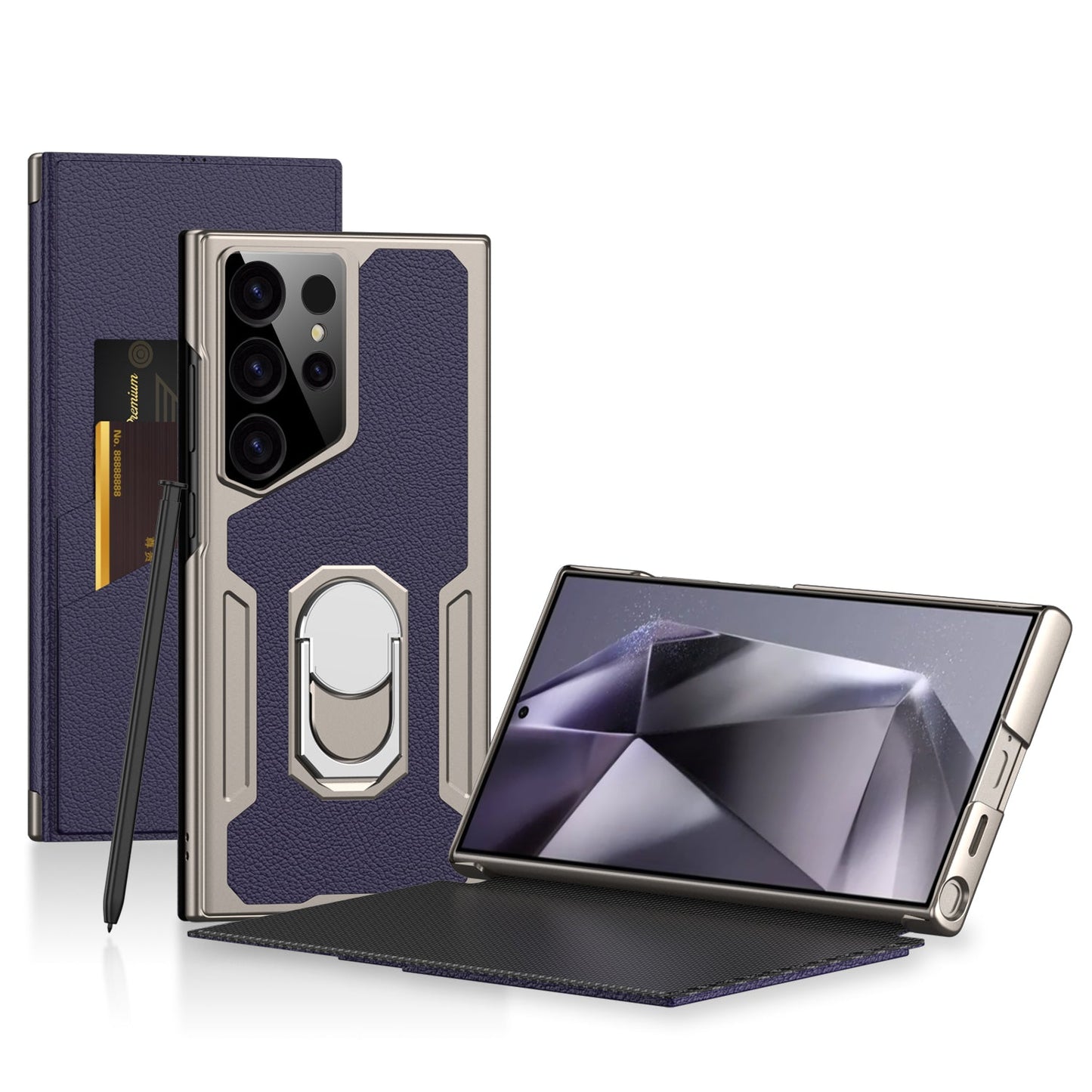 Luxury Leather Electroplated Protective Cover With Invisible Bracket And Card Holder For Samsung Galaxy S24 S23 Ultra