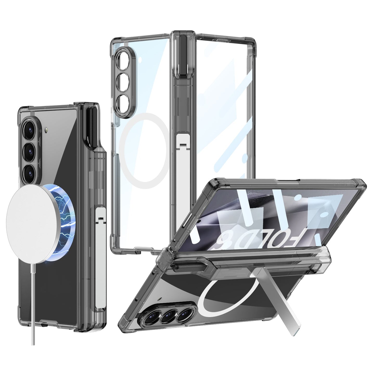Magnetic Hinge Hidden Bracket All-included Clear Phone Case With Pen Box For Galaxy Z Fold 7/6/5