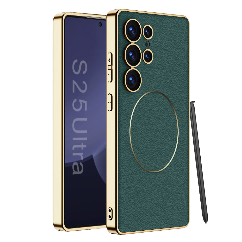 Magnetic Electroplated Gold-Frame Leather Case for Galaxy S25 Ultra