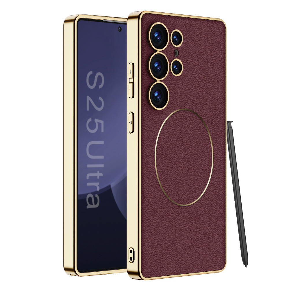 Magnetic Electroplated Gold-Frame Leather Case for Galaxy S25 Ultra
