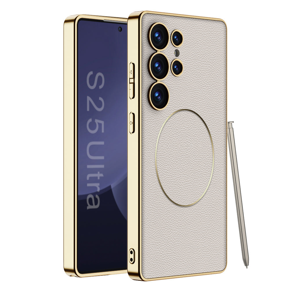 Magnetic Electroplated Gold-Frame Leather Case for Galaxy S25 Ultra