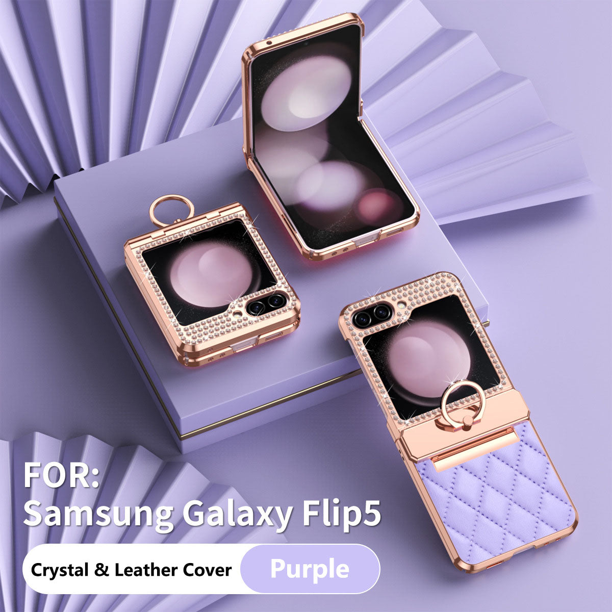 Lyxury Crystal Leather Ring Holder Protective Phone Case For Samsung Galaxy Z Flip 5/4/3 - mycasety2023 Mycasety