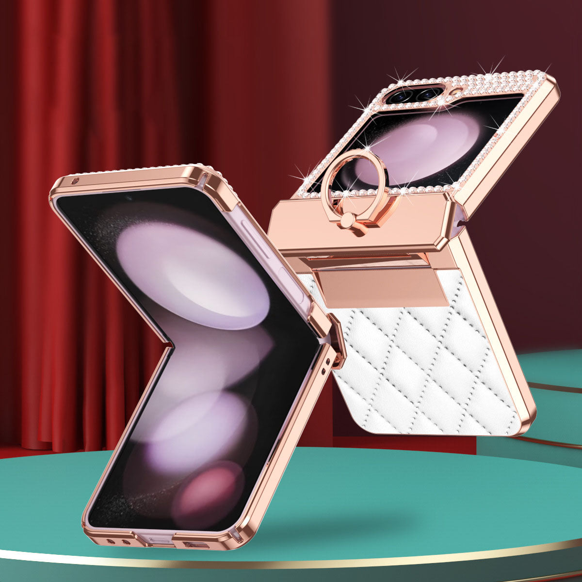 Lyxury Crystal Leather Ring Holder Protective Phone Case For Samsung Galaxy Z Flip 5/4/3 - mycasety2023 Mycasety