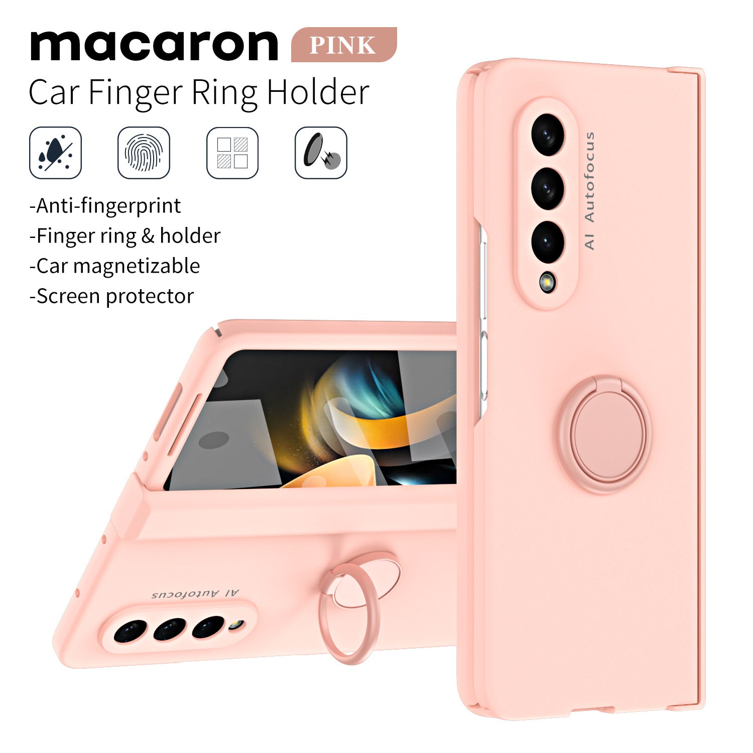 Anti-fall Protective Phone Case With Car Magnetizable Ring Holder And Film For Samsung Galaxy Z Fold5 Fold4 Fold3 - Mycasety Mycasety