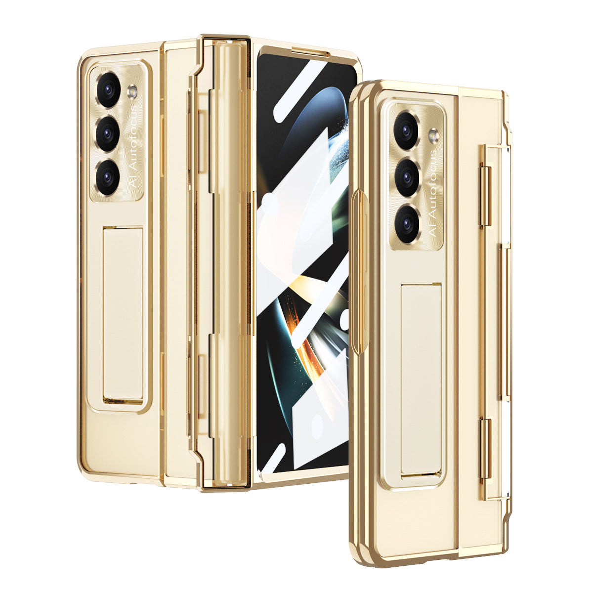 Plated Transparent Galaxy Z Fold5 Fold4 Fold3 Case with Front Screen Protector & Flat Hinge Protection & Kick-Stand - mycasety2023 Mycasety