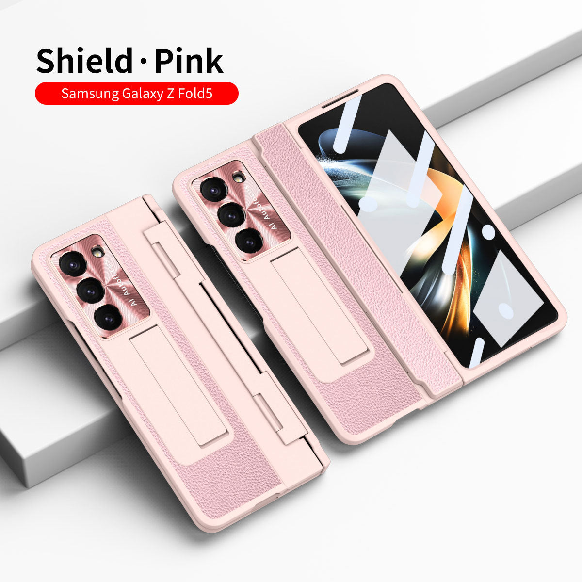 Plating Leather Galaxy Z Fold5 Fold4 Fold3 Case with Front Screen Protector & Flat Hinge Protection & Hidden Stand - mycasety2023 Mycasety