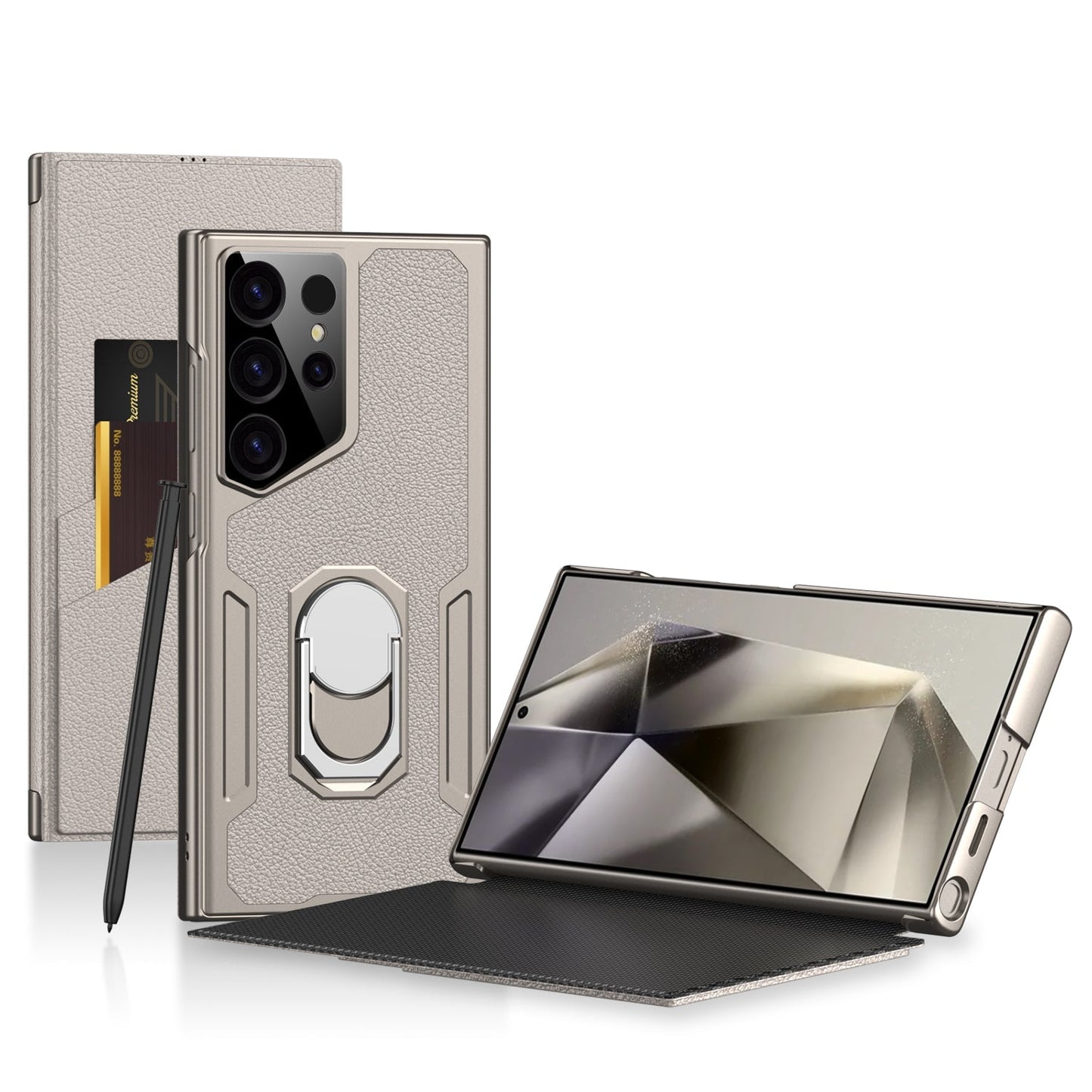 Luxury Leather Electroplated Protective Cover With Invisible Bracket And Card Holder For Samsung Galaxy S24 S23 Ultra