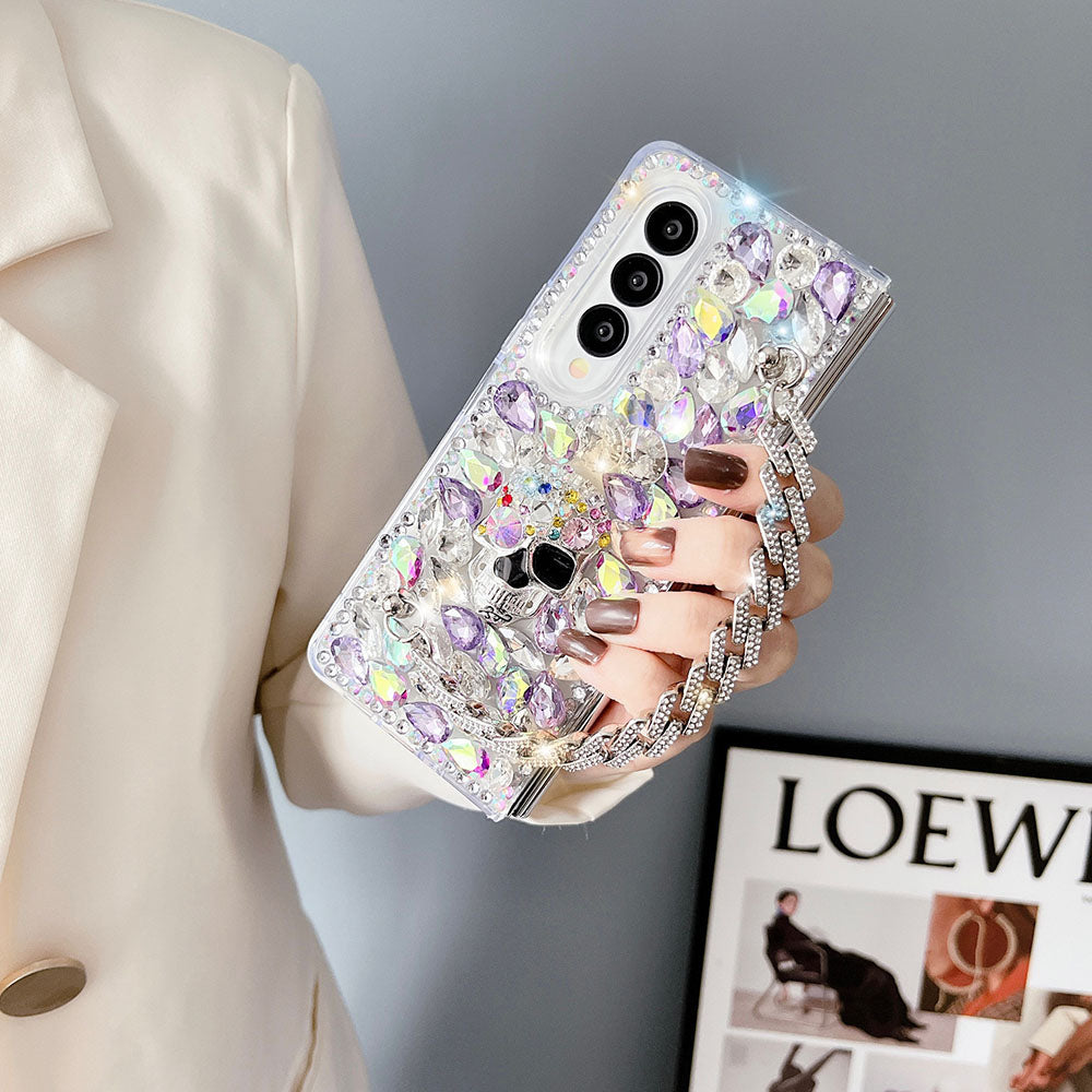 Luxurious Rhinestone Pearl Treasure Skull Phone Case For Samsung Galaxy Z Fold3 Fold4 5G