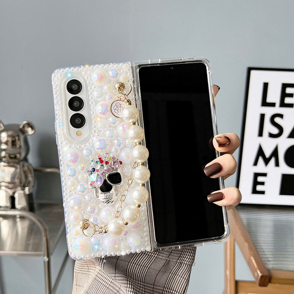 Luxurious Rhinestone Pearl Treasure Skull Phone Case For Samsung Galaxy Z Fold3 Fold4 5G
