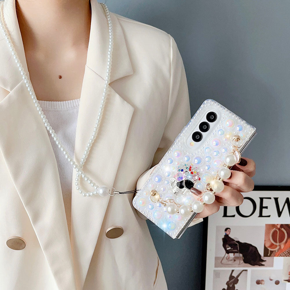 Luxurious Rhinestone Pearl Treasure Skull Phone Case For Samsung Galaxy Z Fold3 Fold4 5G