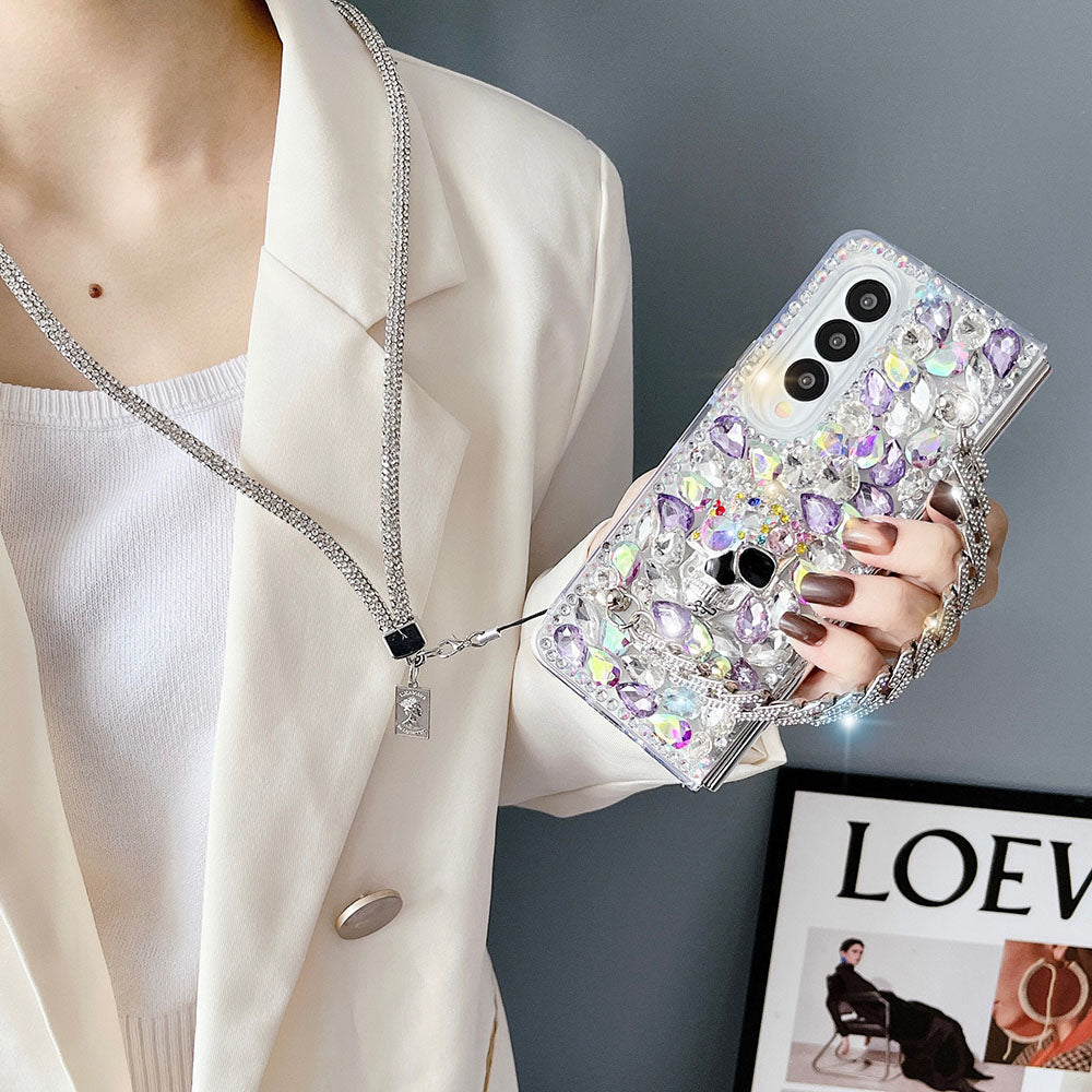 Luxurious Rhinestone Pearl Treasure Skull Phone Case For Samsung Galaxy Z Fold3 Fold4 5G