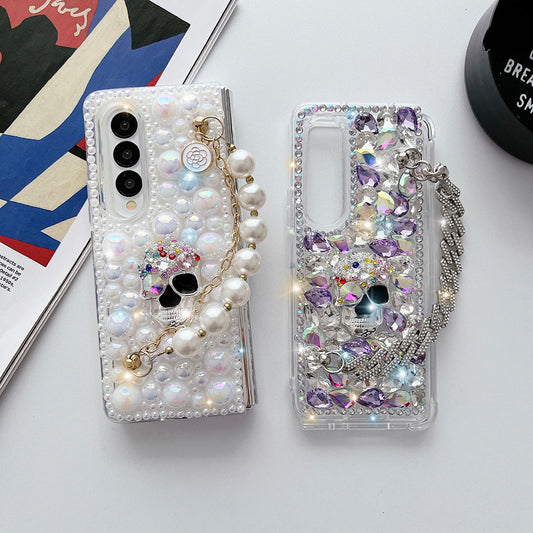Luxurious Rhinestone Pearl Treasure Skull Phone Case For Samsung Galaxy Z Fold3 Fold4 5G