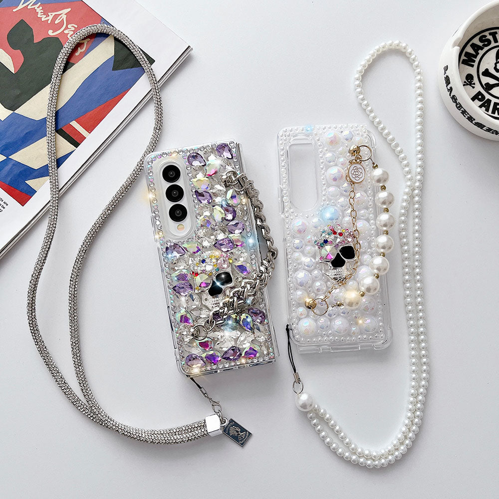 Luxurious Rhinestone Pearl Treasure Skull Phone Case For Samsung Galaxy Z Fold3 Fold4 5G