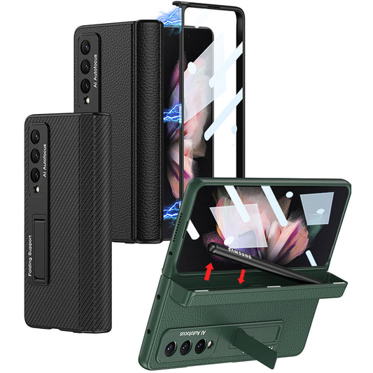 Magnetic Leather Suction Hinge Folding Exclusive Bracket Shell and Film Integrated Pen Box Phone Case For Samsung Galaxy Z Fold3 Fold4 5G