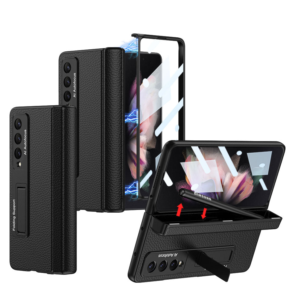 Magnetic Leather Suction Hinge Folding Exclusive Bracket Shell and Film Integrated Pen Box Phone Case For Samsung Galaxy Z Fold3 Fold4 5G