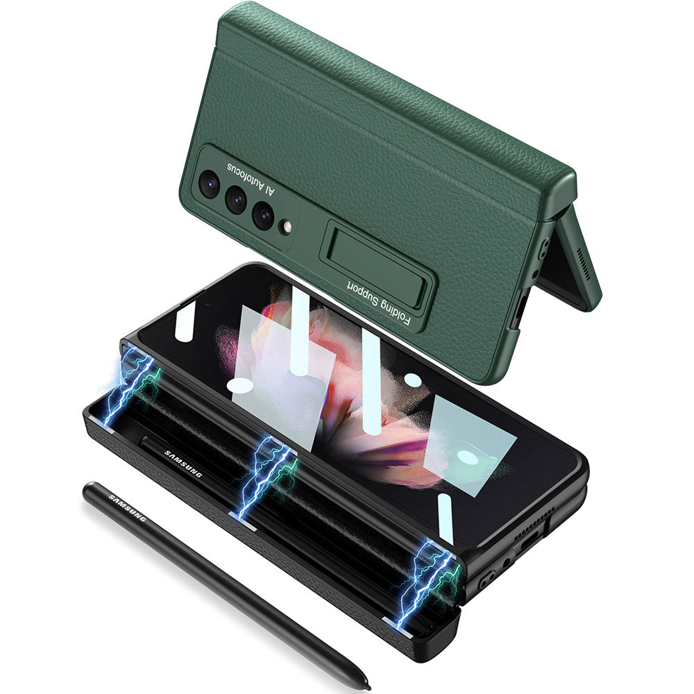 Magnetic Leather Suction Hinge Folding Exclusive Bracket Shell and Film Integrated Pen Box Phone Case For Samsung Galaxy Z Fold3 Fold4 5G