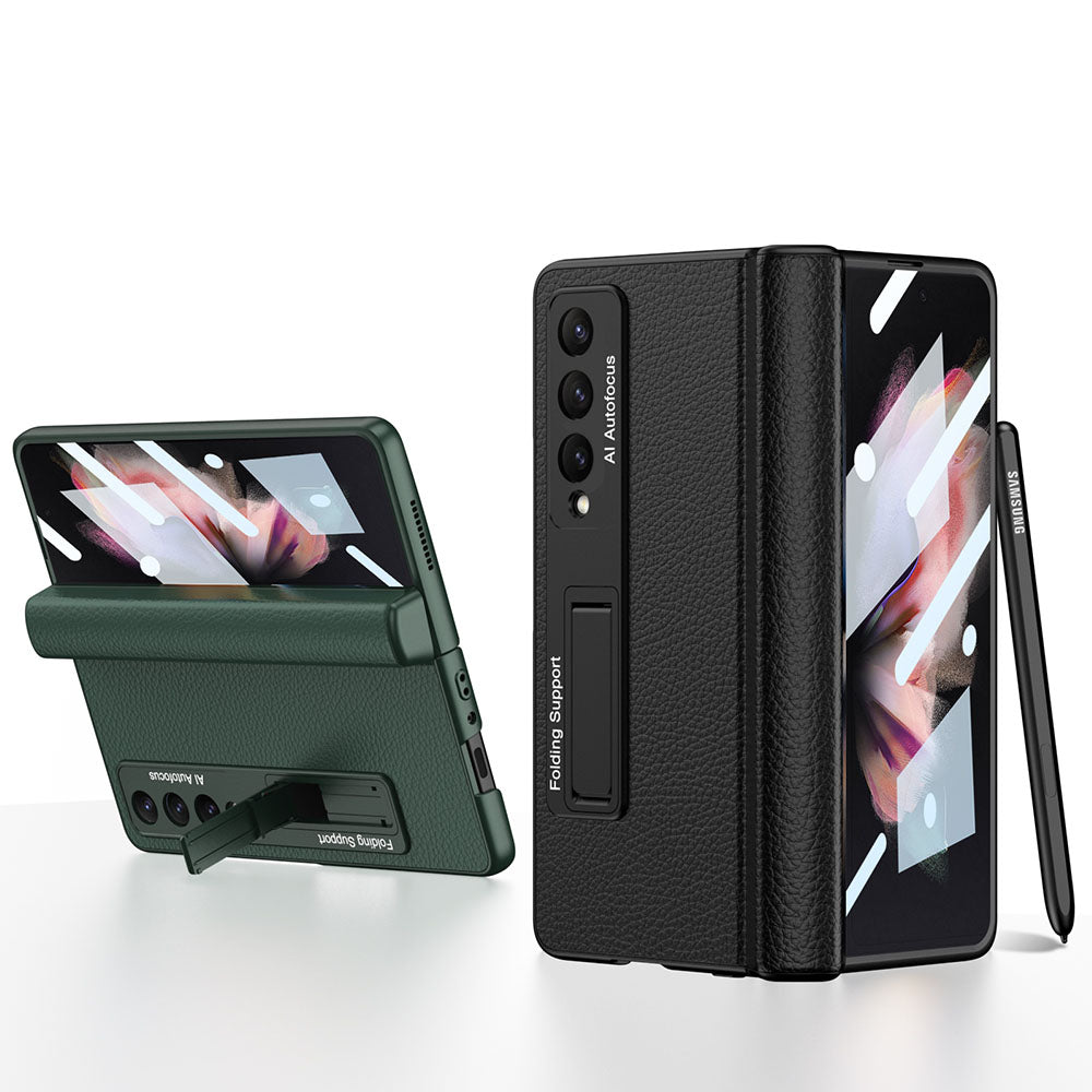 Magnetic Leather Suction Hinge Folding Exclusive Bracket Shell and Film Integrated Pen Box Phone Case For Samsung Galaxy Z Fold3 Fold4 5G