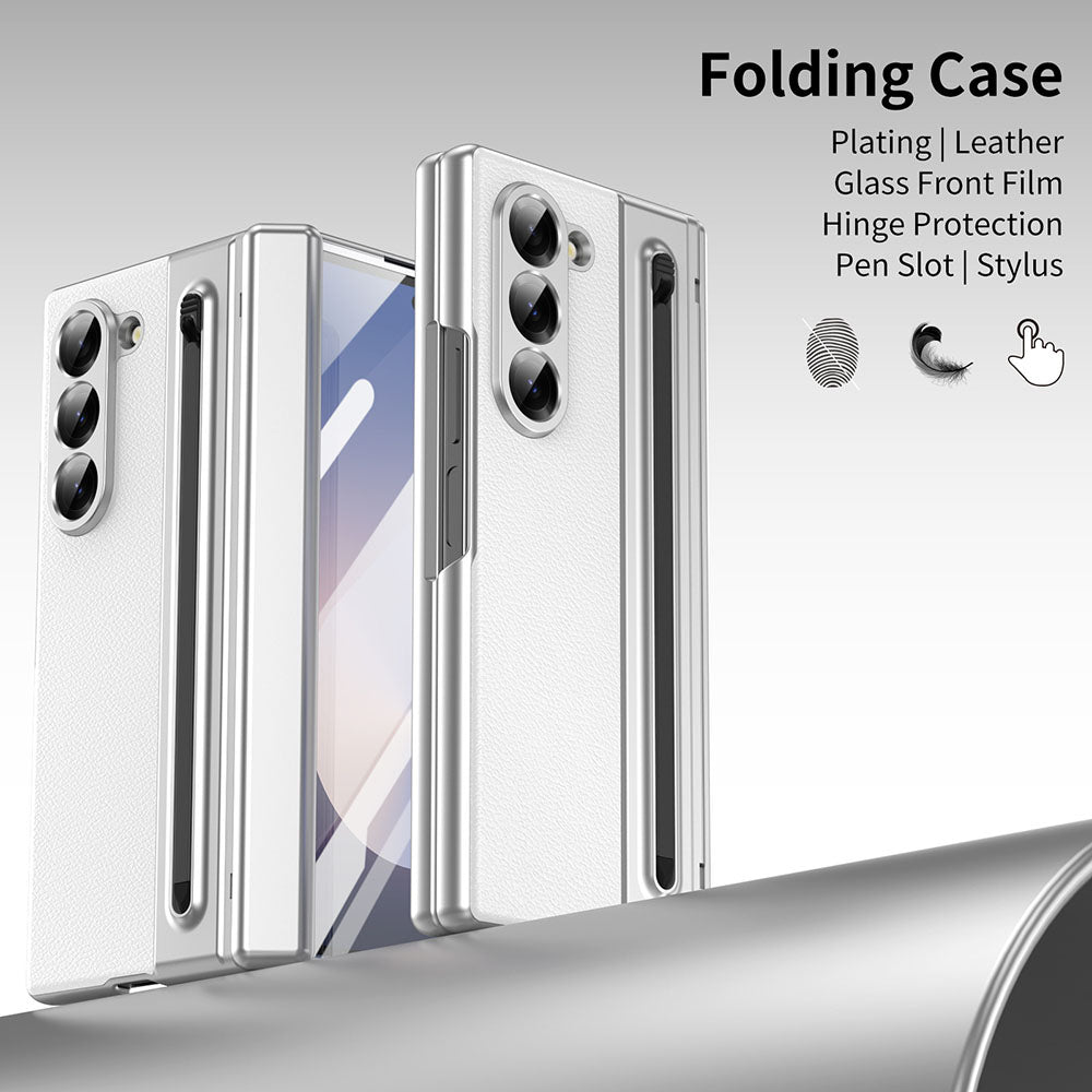 Armor Electroplated Leather Pen Slot Folding Phone Case For Samsung Galaxy Z Fold With HD Screen Protector