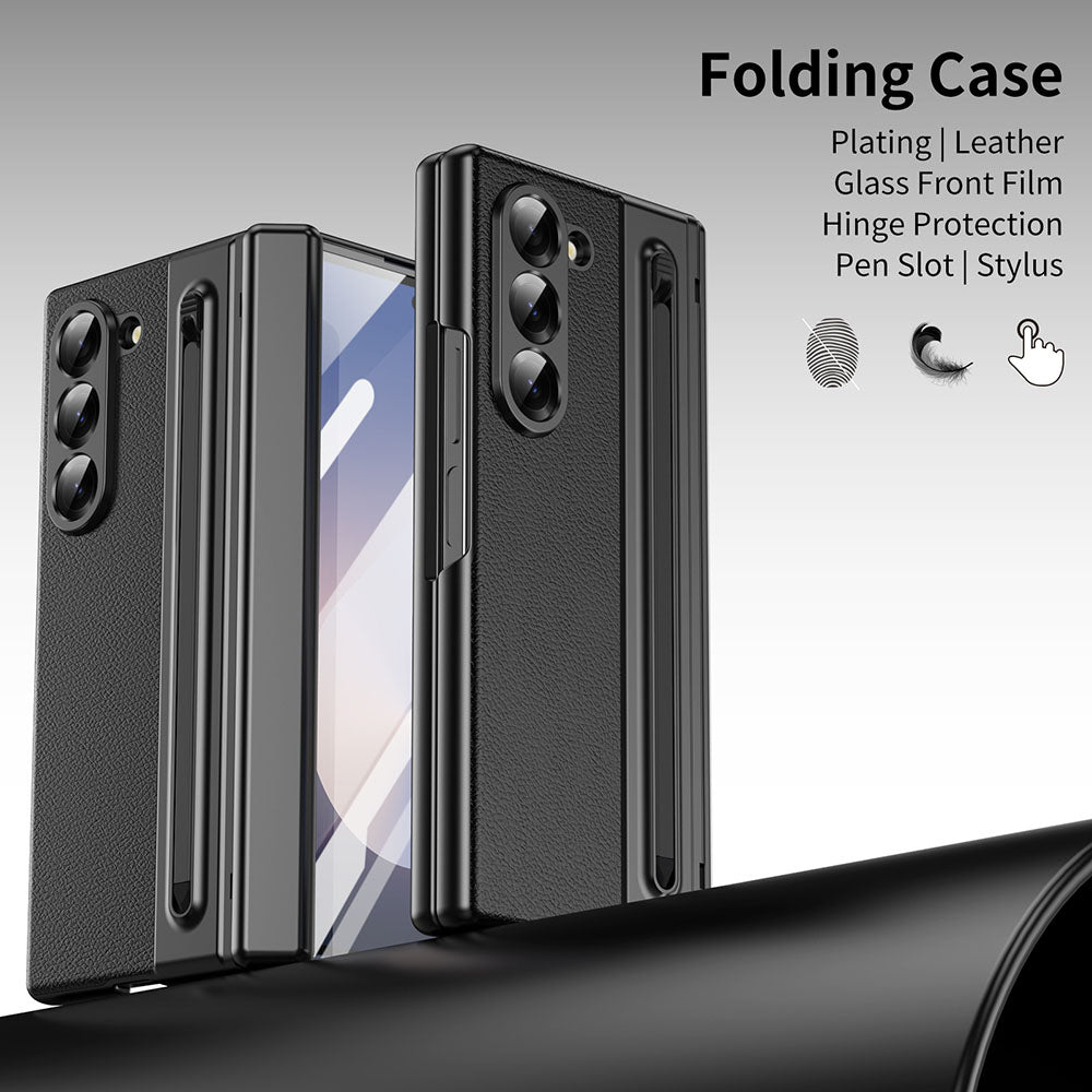 Armor Electroplated Leather Pen Slot Folding Phone Case For Samsung Galaxy Z Fold With HD Screen Protector