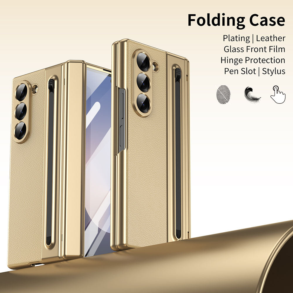 Armor Electroplated Leather Pen Slot Folding Phone Case For Samsung Galaxy Z Fold With HD Screen Protector