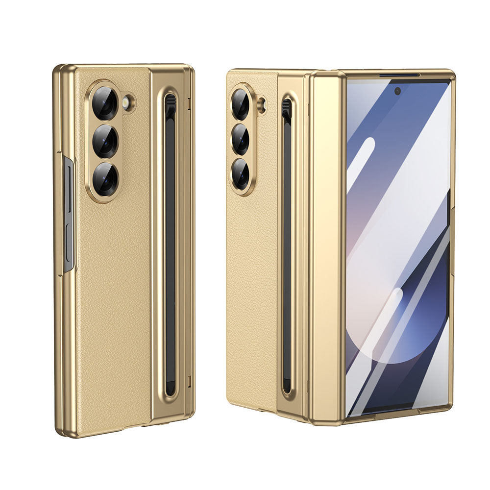 Armor Electroplated Leather Pen Slot Folding Phone Case For Samsung Galaxy Z Fold With HD Screen Protector
