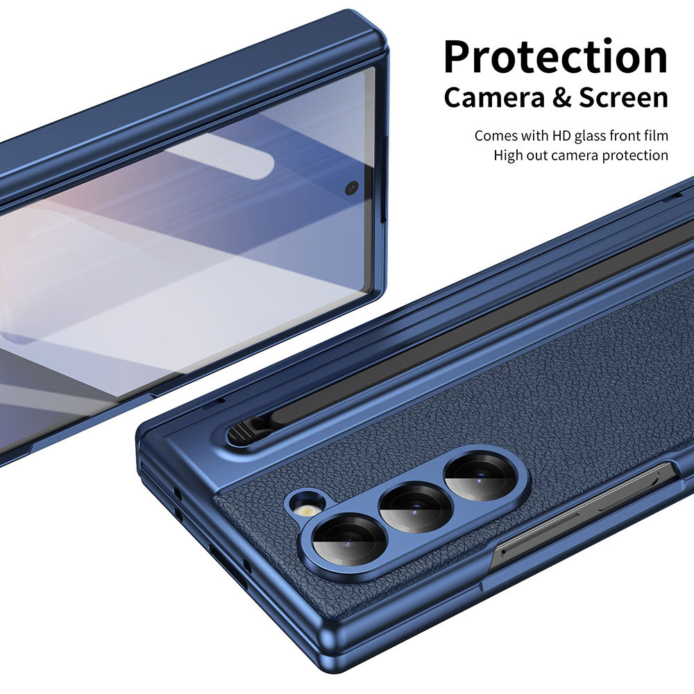 Armor Electroplated Leather Pen Slot Folding Phone Case For Samsung Galaxy Z Fold With HD Screen Protector