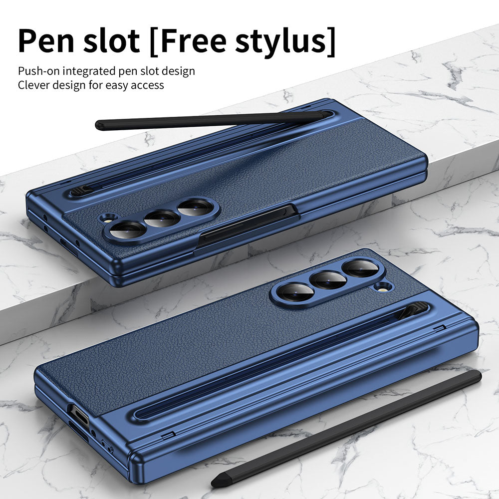 Armor Electroplated Leather Pen Slot Folding Phone Case For Samsung Galaxy Z Fold With HD Screen Protector